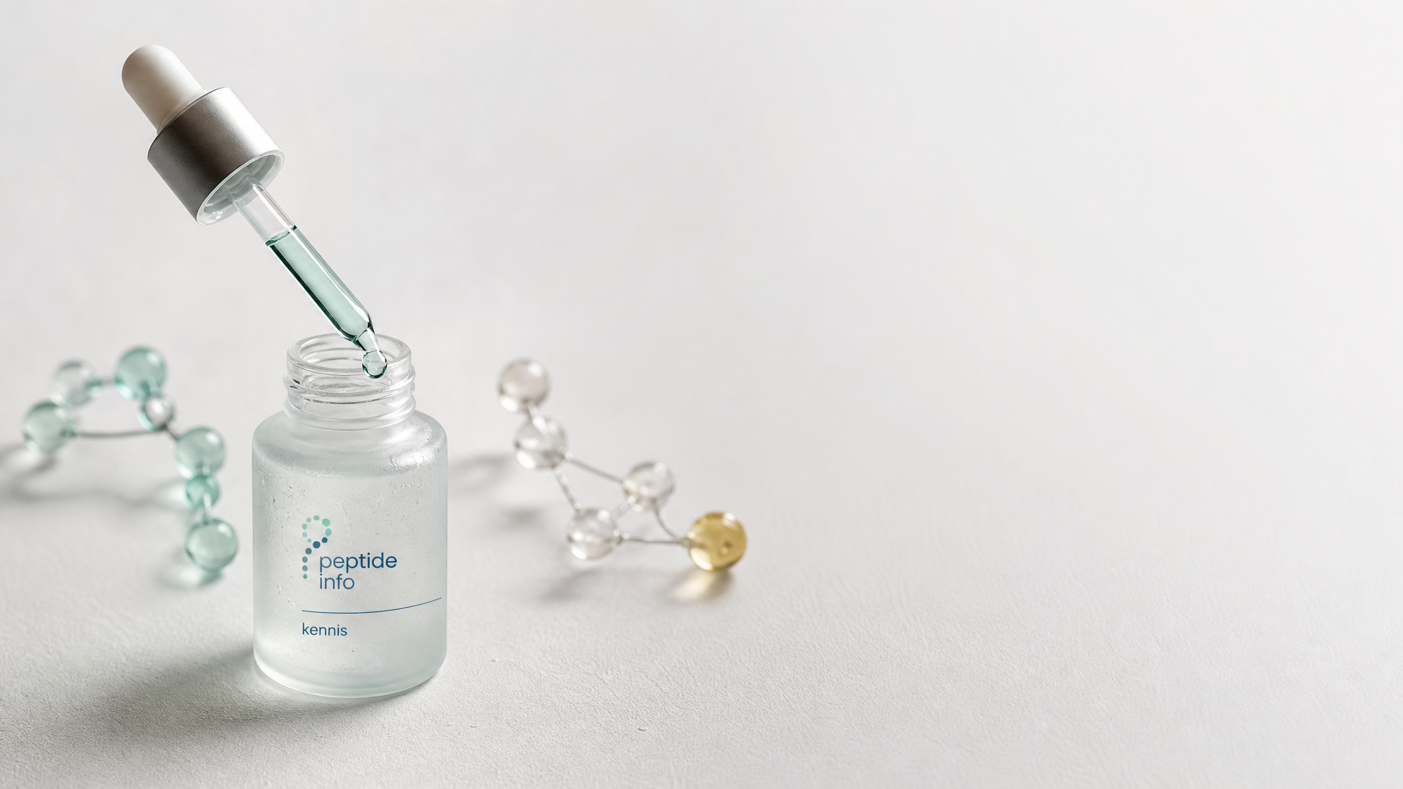 Peptide serum bottle met pipette en molecular elementen — peptidekoning hero